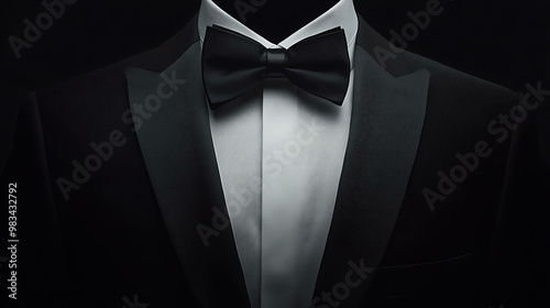 Close up of a classic tuxedo with a black bow tie.