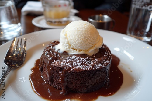 Chocolate Lava Cake with Vanilla Ice Cream and Chocolate Sauce