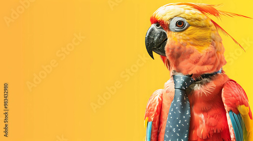 A parrot wearing a blue tie, looking to the right, against a yellow background. photo