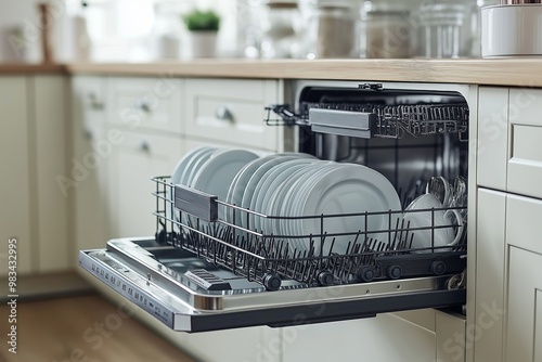 Dishwasher inside beautiful kitchen with white used dishes that prepared to wash