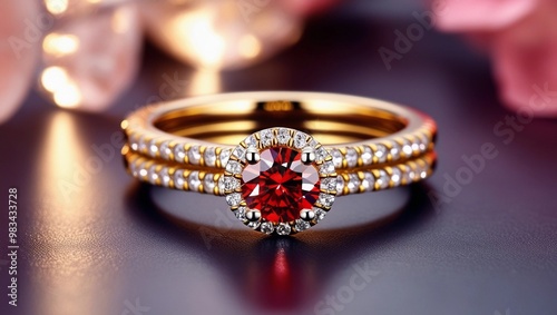 Elegant Gold Ring with Ruby Center Stone and Diamond Halo on a Glossy Surface