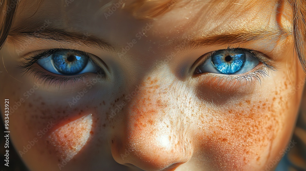 Closeup of a young child's freckled face with bright blue eyes. Closeup of a young child's freckled face with bright blue eyes.