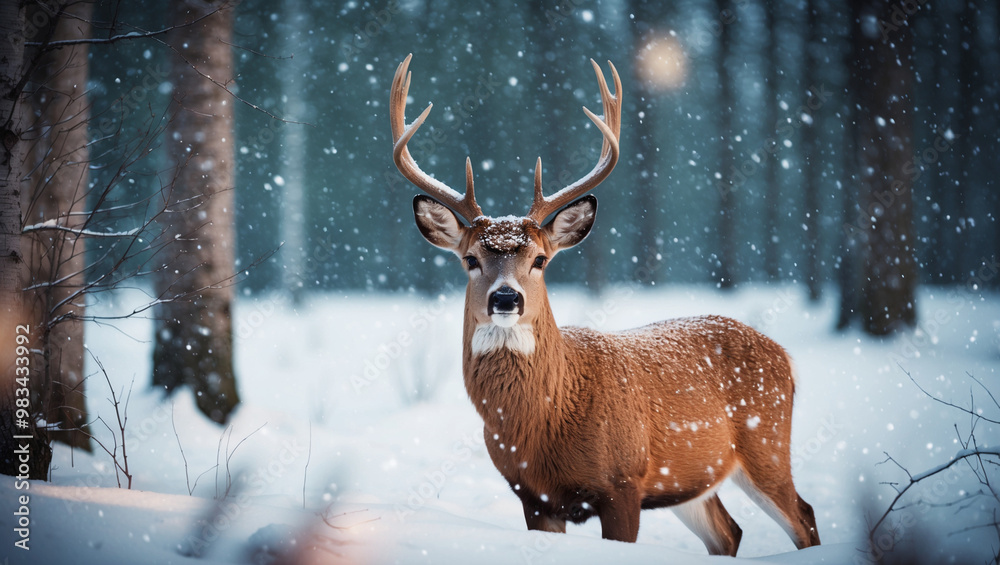 A breathtaking, vibrant, and cinematic photograph of a serene winter wonderland scene, featuring a majestic deer in the midst of a snow-covered forest A breathtaking, vibrant, and cinematic photograph of a serene winter wonderland scene, featuring a majestic deer in the midst of a snow-covered forest
