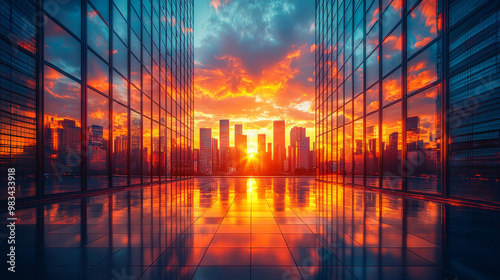 A city skyline reflected in the windows of a modern building during a stunning sunset.