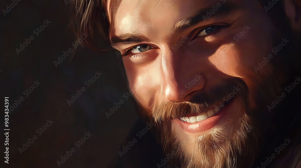 Portrait of a handsome man with a beard smiling brightly.