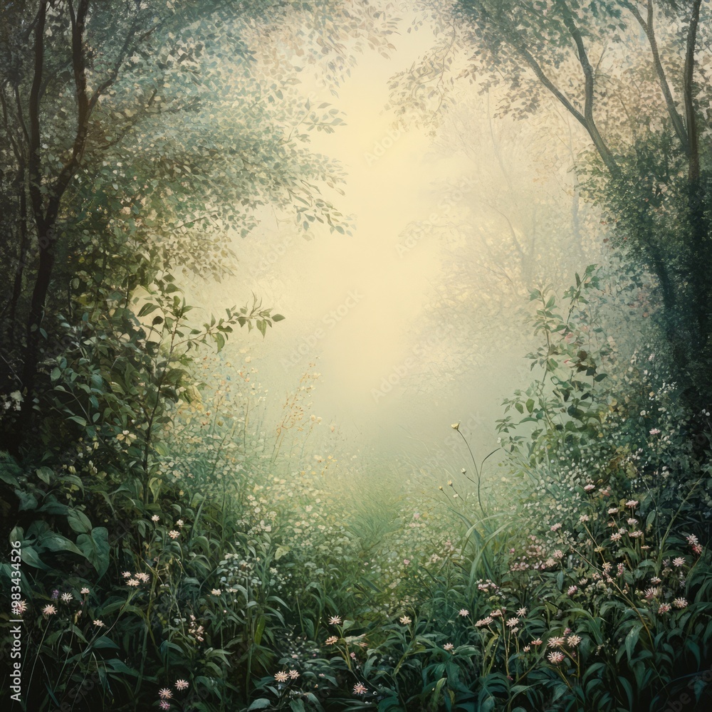 Fototapeta premium Tranquil Forest Pathway with Ethereal Mist and Floral Surroundings