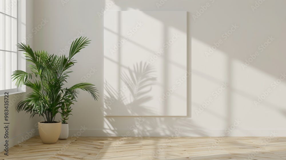 A white frame on a wall with plants. Home Office wall poster mockup. Interior mockup with office background. Modern interior design. A white frame on a wall with plants. Home Office wall poster mockup. Interior mockup with office background. Modern interior design.