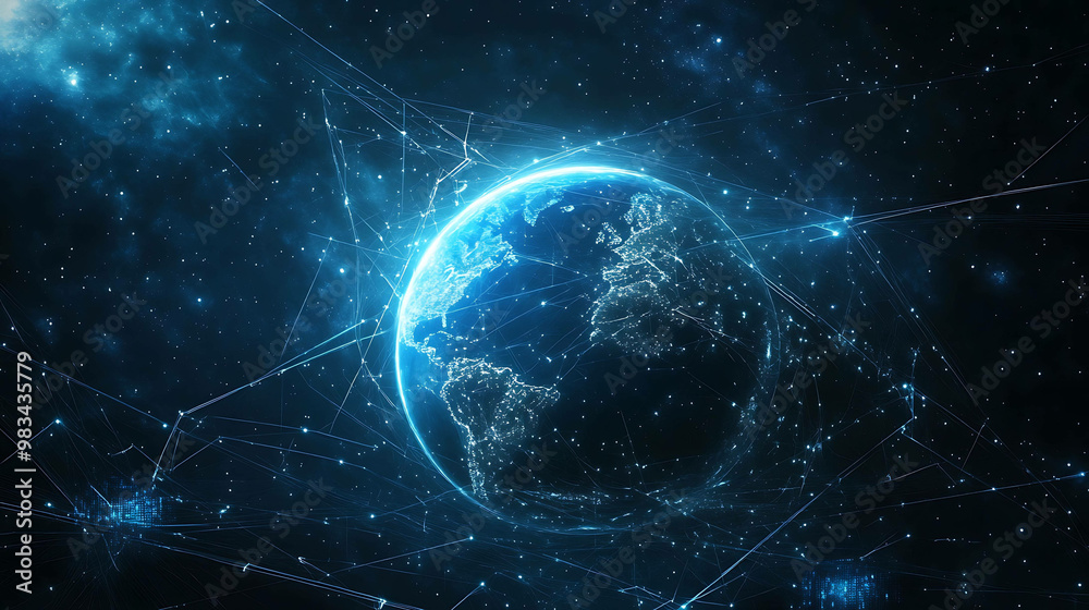 A glowing digital representation of Earth with lines connecting continents to represent global networking. A glowing digital representation of Earth with lines connecting continents to represent global networking.