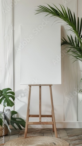 A white frame on a wall with plants. Interior mockup with office background. Modern interior design. 