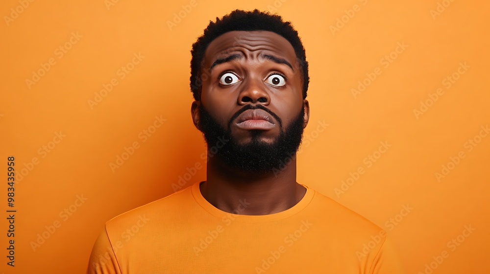 A surprised man with wide eyes against an orange background. A surprised man with wide eyes against an orange background.