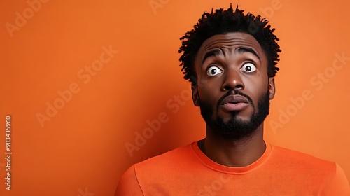 A surprised man in an orange shirt against an orange background.