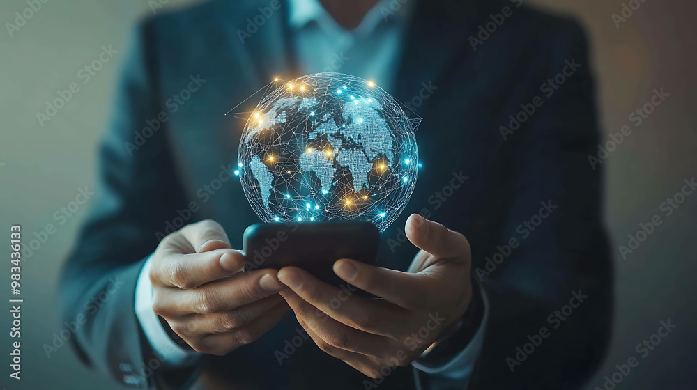A businessman holds a smartphone with a glowing earth globe above it. A businessman holds a smartphone with a glowing earth globe above it.