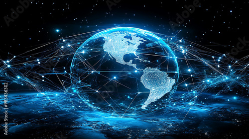 A digital rendering of Earth with a glowing network of lines and dots, representing global connectivity.