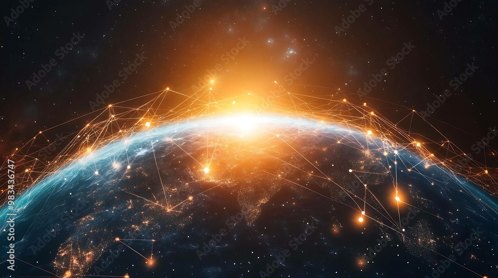 Obraz premium A glowing digital representation of Earth with lines connecting continents to represent global networking.