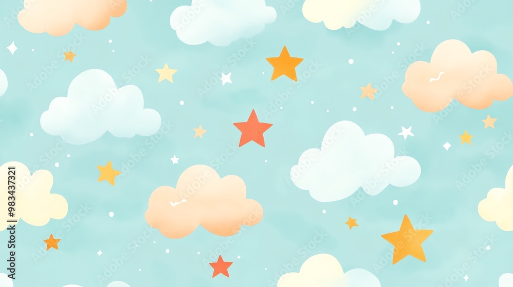 Seamless pattern with fluffy clouds and stars in pastel colors on a blue background. Seamless pattern with fluffy clouds and stars in pastel colors on a blue background.