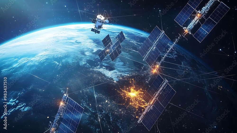 Obraz premium Satellites in orbit around Earth, connected by lines of data.