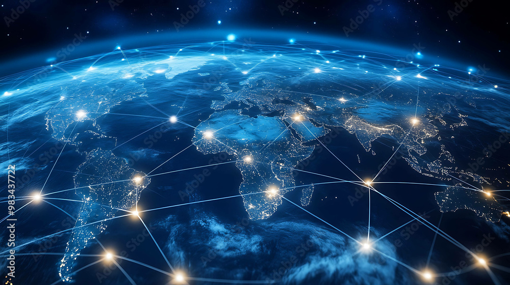 A digital globe with glowing city lights and connected lines representing global communication. A digital globe with glowing city lights and connected lines representing global communication.