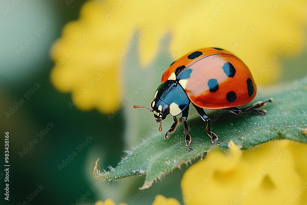 Close up of a ladybug on a green leaf with yellow flowers in the background Close up of a ladybug on a green leaf with yellow flowers in the background