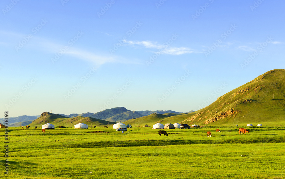 The landscape around the Amarbayasgalant monastery in northern Mongolia. Amarbayasgalant Monastery is one of the three largest Buddhist monastic centers in Mongolia
