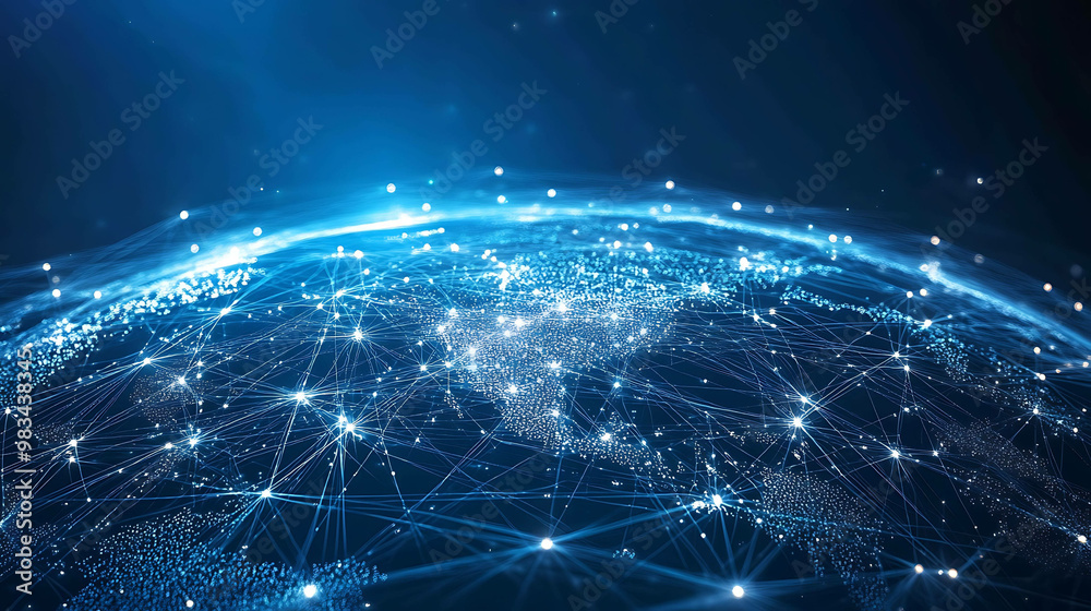 Abstract digital rendering of the Earth with glowing lines and nodes, representing network connections. Abstract digital rendering of the Earth with glowing lines and nodes, representing network connections.