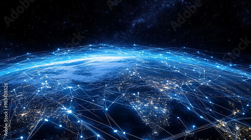 A digital illustration of the globe with glowing lines connecting major cities, representing global communication and connectivity.