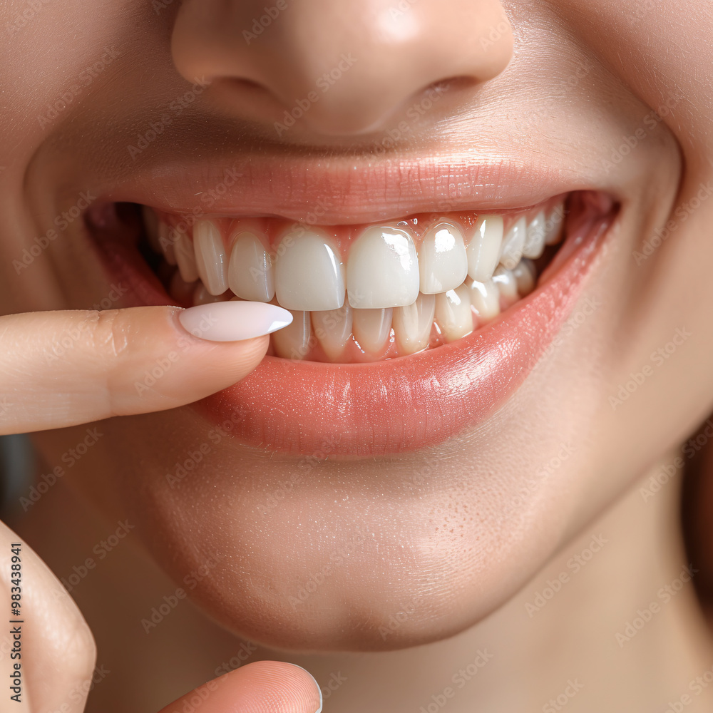 Fototapeta premium Whitening procedure, smiling girl, healthy smile, healthy teeth, satisfied woman sitting, professional doctor fixing teeth, whitening dental clinic, dental consultation, dentist showing,