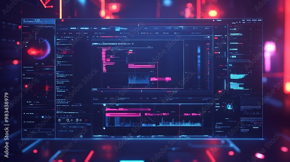 A futuristic interface displaying data analytics and visualizations in a digital environment. A futuristic interface displaying data analytics and visualizations in a digital environment.