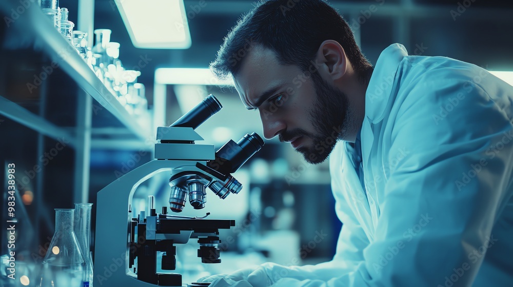 A scientist examines a sample under a microscope in a lab. A scientist examines a sample under a microscope in a lab.