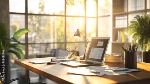 Modern Office Workspace with Natural Light and Greenery