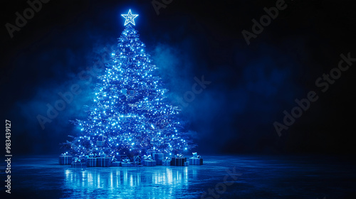 christmas tree featuring artificial intelligence and technology, illuminated with blue neon lights and surrounded by virtual reality gifts