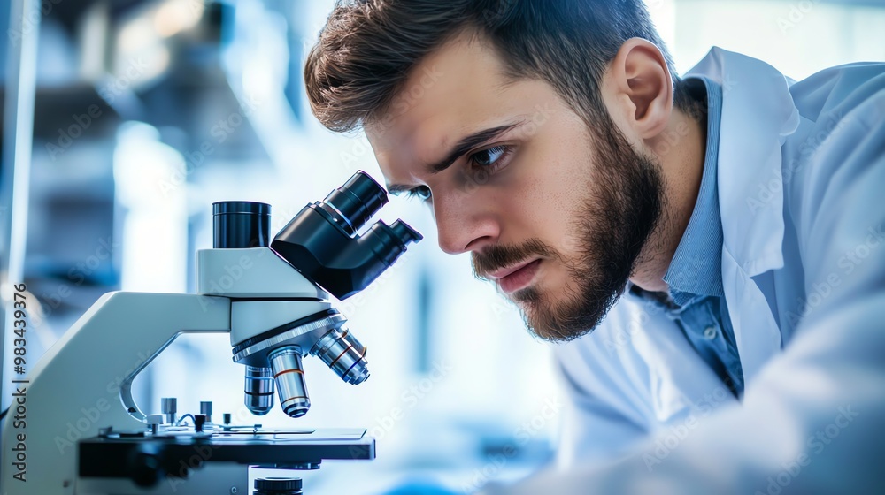 A scientist looking through a microscope in a lab. A scientist looking through a microscope in a lab.