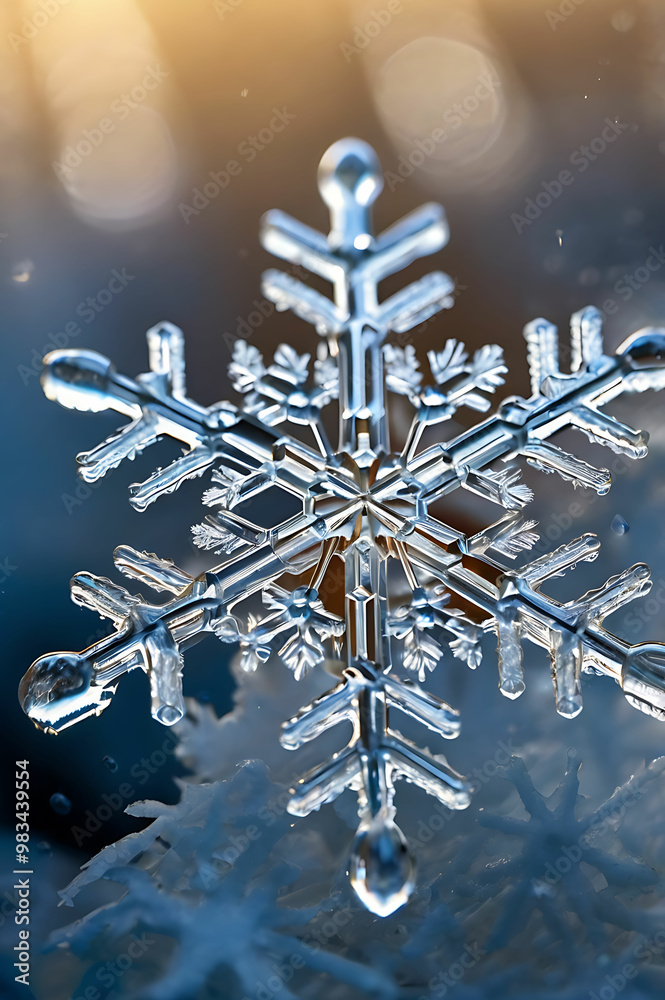 Macro Photograph of an Intricate Snowflake with Hexagonal Symmetry and Translucent Ice Crystals, Set Against a Blue and Gray Background with Soft Bokeh, Capturing Winter Beauty and Scientific Wonder Macro Photograph of an Intricate Snowflake with Hexagonal Symmetry and Translucent Ice Crystals, Set Against a Blue and Gray Background with Soft Bokeh, Capturing Winter Beauty and Scientific Wonder