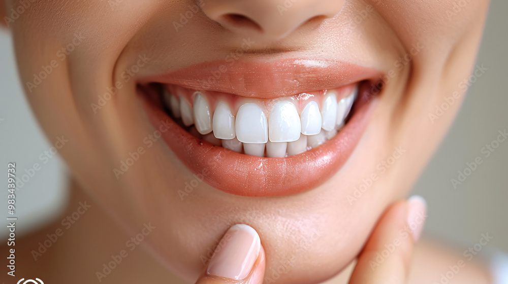 Fototapeta premium Whitening dental clinic, smiling girl, whitening procedure, satisfied woman sitting, professional doctor fixing teeth, dental consultation, dentist showing, healthy teeth, teeth cleaning.