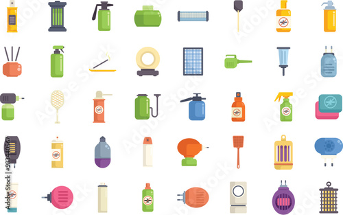 Big set of colorful icons depicting various mosquito repellent devices and products, isolated on white background