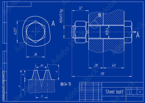 Vector engineering cad drawing of mechanical part (steel bolt)
with thread. Computer design of machine parts
with through hole, bolted connection 
and dimension lines. Technical background.
