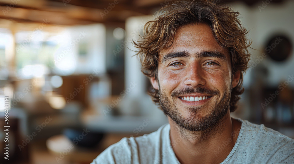 Smiling man with brown hair and beard Smiling man with brown hair and beard