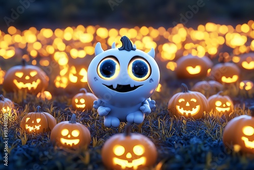 Spoopy eyeball monster with a friendly face, bouncing around in a field of glowing pumpkins photo