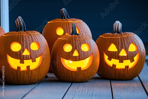 Spoopy jack-oâ€™-lanterns sitting on a porch, all smiling with friendly faces and glowing eyes photo