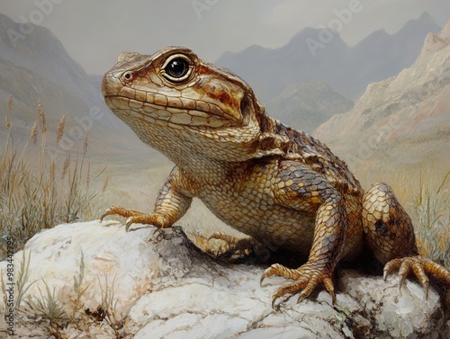 Close Up of a Lizard on a Rock in a Mountainous Landscape