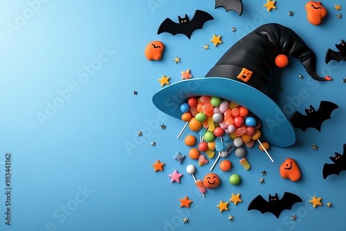 Spoopy witch's hat, with candy and stars pouring out of it, surrounded by smiling bats photo