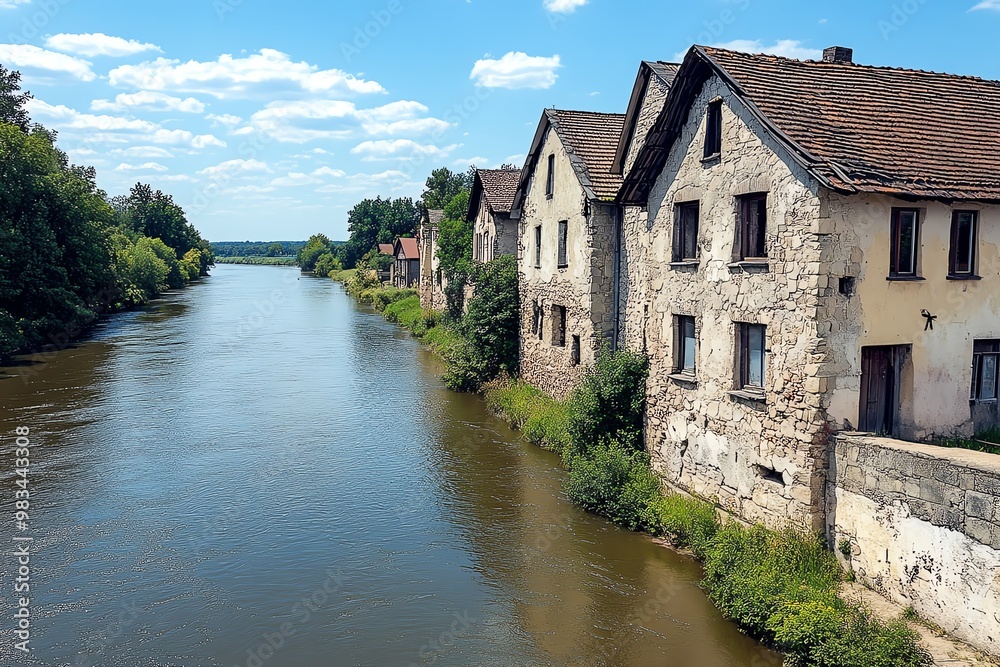 Obraz premium The ancient granaries of Kazimierz Dolny, with their weathered stone facades and historical significance along the riverbank