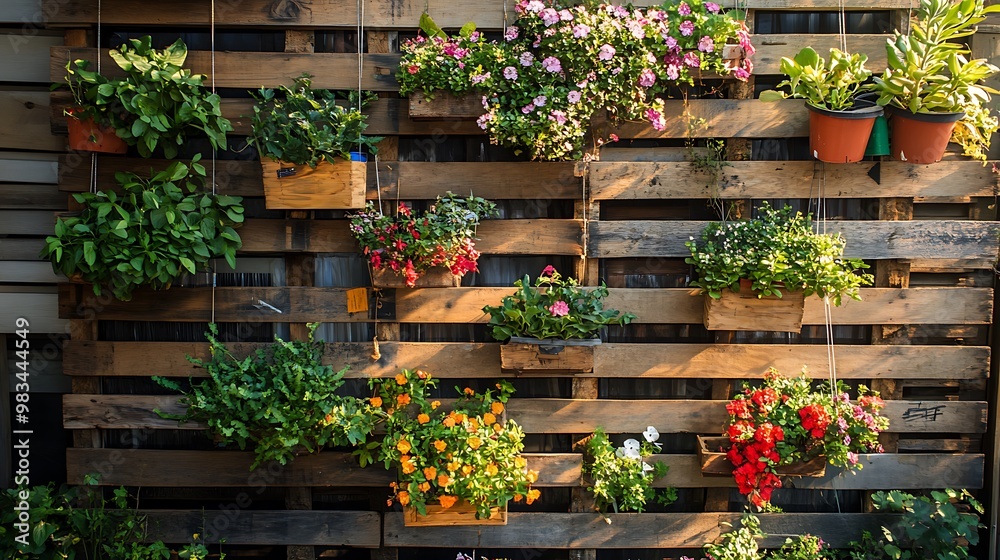 A vibrant vertical garden with various flowering plants in wooden planters. A vibrant vertical garden with various flowering plants in wooden planters.