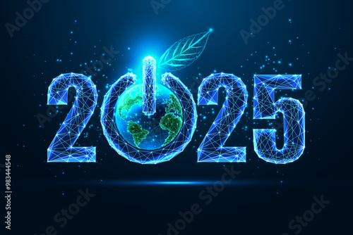 Sustainable 2025 New Year concept with 2025 digits and green planet Earth and power button on blue 