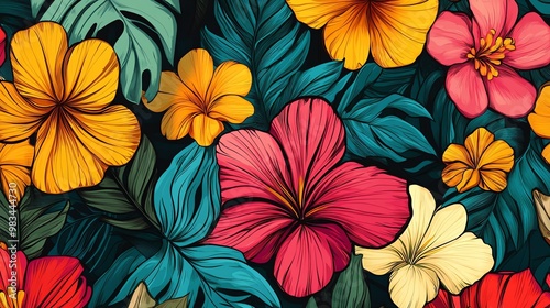 Wallpaper Mural A vibrant, colorful floral pattern featuring tropical flowers and leaves. Torontodigital.ca