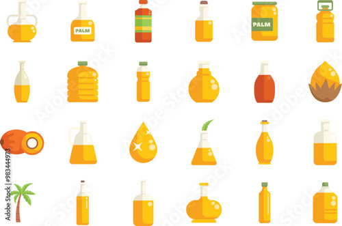 Illustrating the palm oil production industry manufacturing process from raw fruit to refined product in bottles
