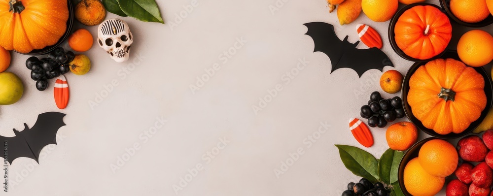 Obraz premium Obon offerings of fruit and incense surrounded by Halloween decorations like bats and skeletons close up - Respectful yet playful cultural mix - whimsical - Overlay - Home altar ba