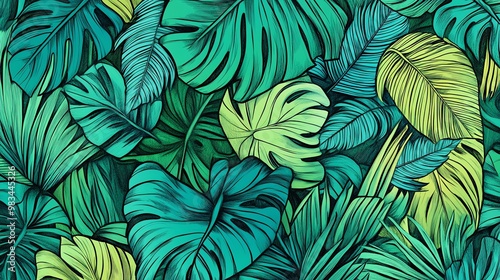 Hand-drawn tropical leaves in various shades of green.