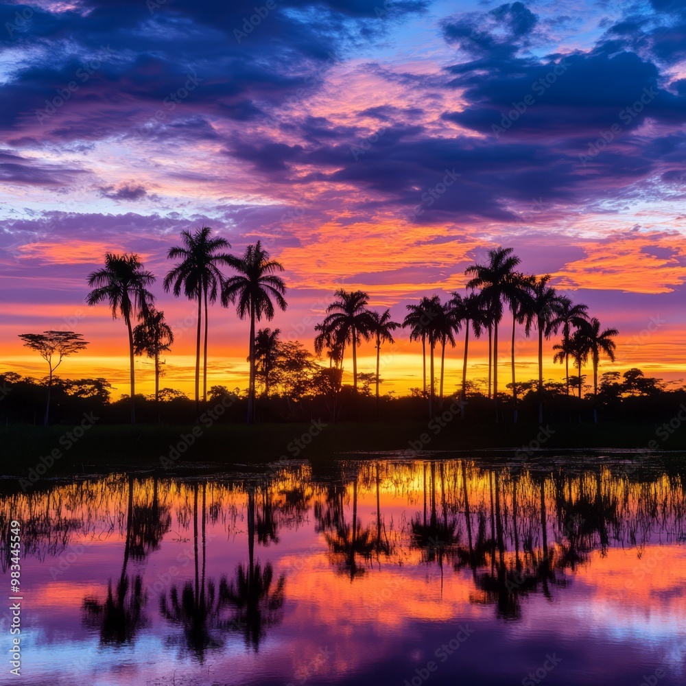 Naklejka premium Vibrant Sunset Over Palm Trees Reflected in Water