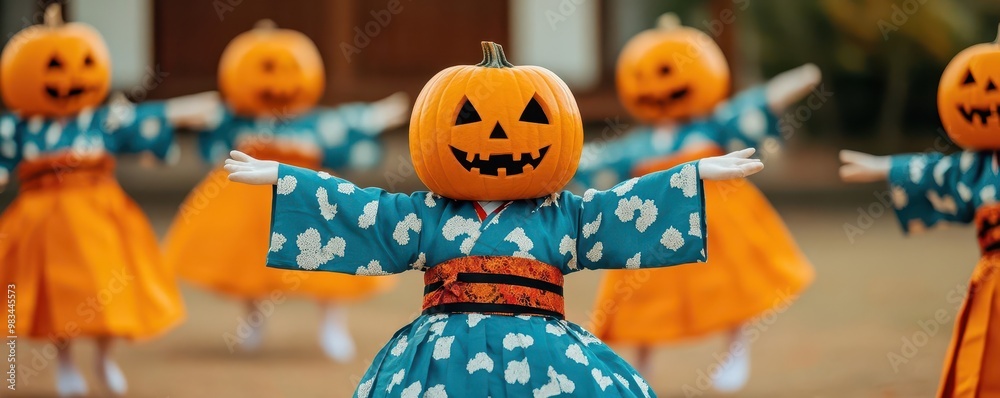 Pumpkin-headed figures dancing in a Bon Odori circle for Halloween-Obon fusion close up - A festive, eerie blend of cultures - dynamic - Composite - Festival ground backdrop Pumpkin-headed figures dancing in a Bon Odori circle for Halloween-Obon fusion close up - A festive, eerie blend of cultures - dynamic - Composite - Festival ground backdrop