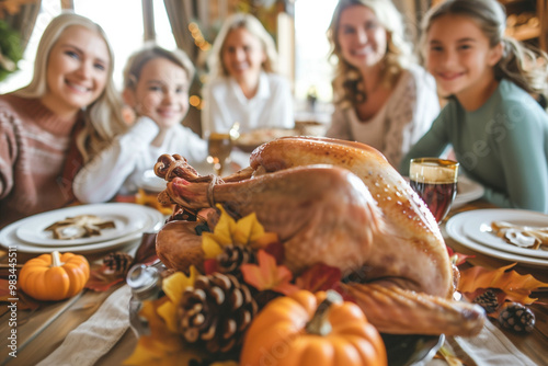 Turkey with Family in Background on Thanksgiving Dinner Table with Traditional Holiday Foods and Togetherness Ready to Be Served